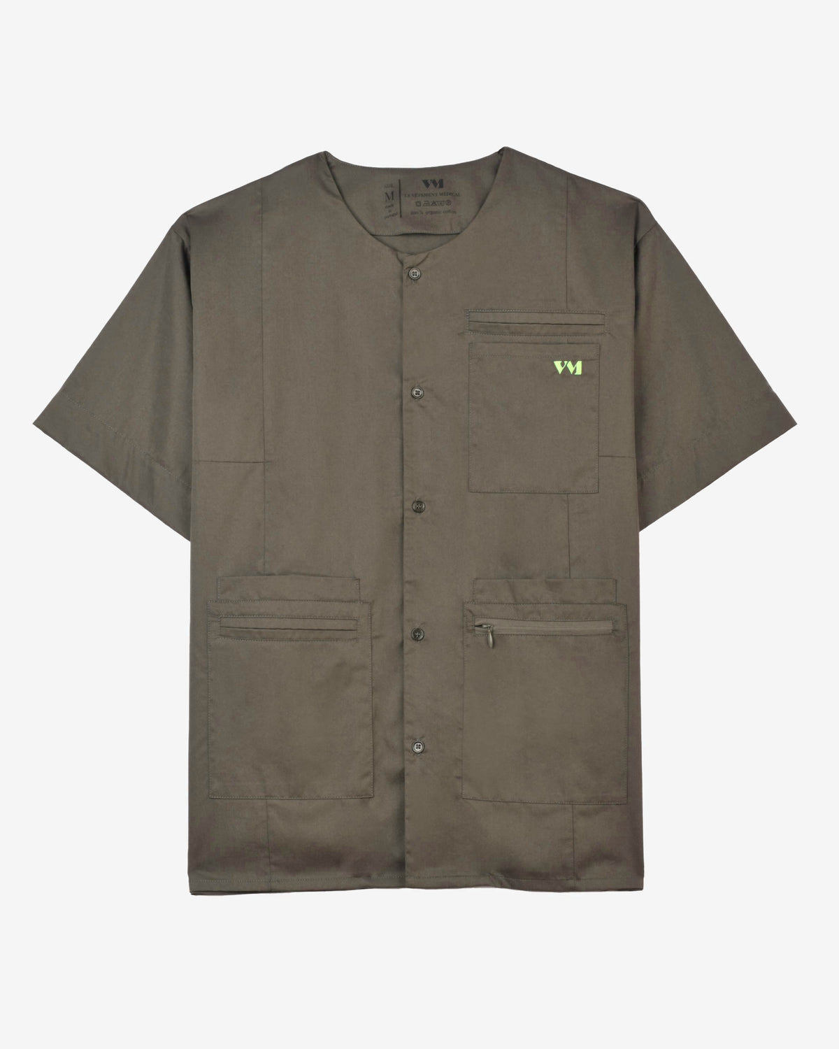Blouse médicale Iris kaki à plat, boutonnée, multi-poches zippées, coton - Le Vêtement Médical